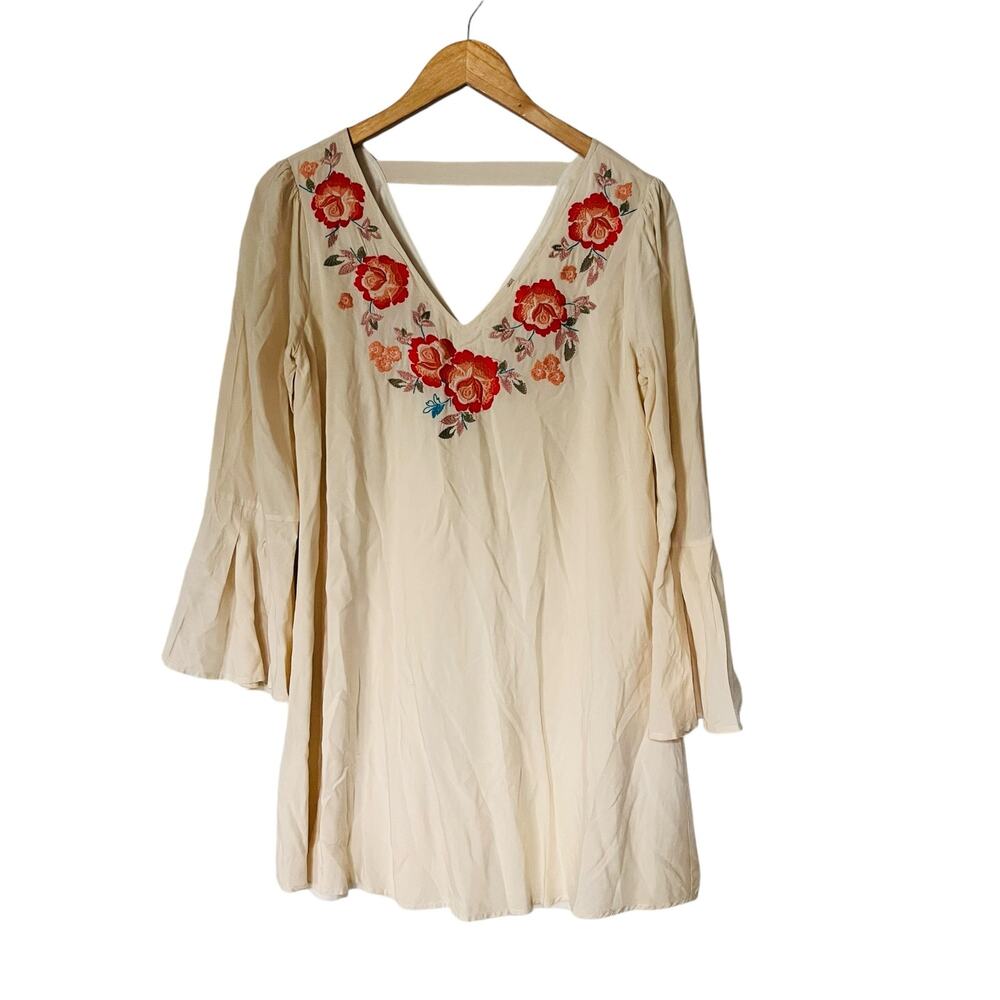 Altar’s State Floral Embroidered Long Bell Sleeve Dress Size S Small Cream Red